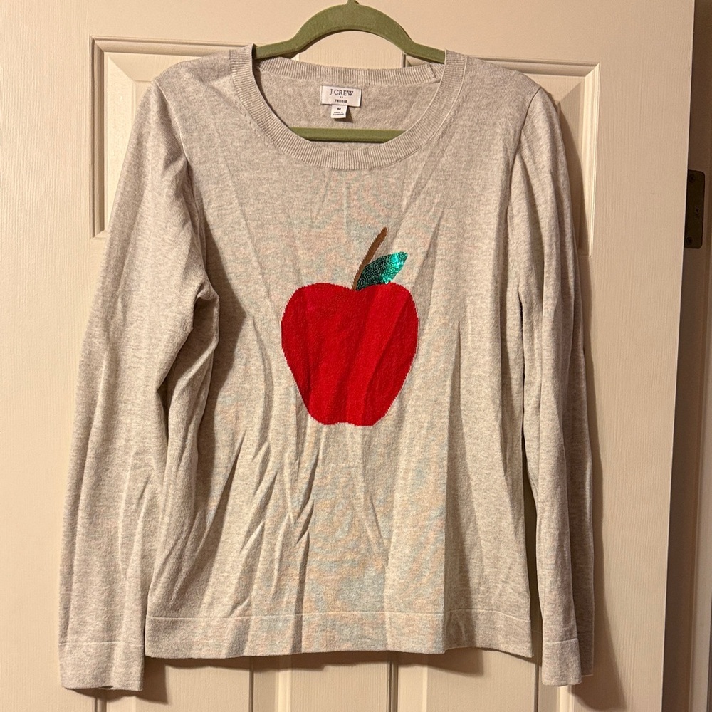 J. Crew Light Gray Sweater with Red Apple Motif